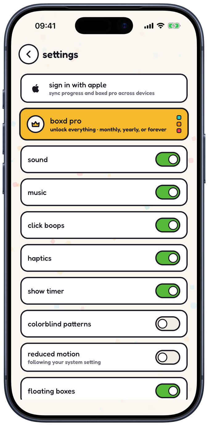settings — sound, haptics, themes